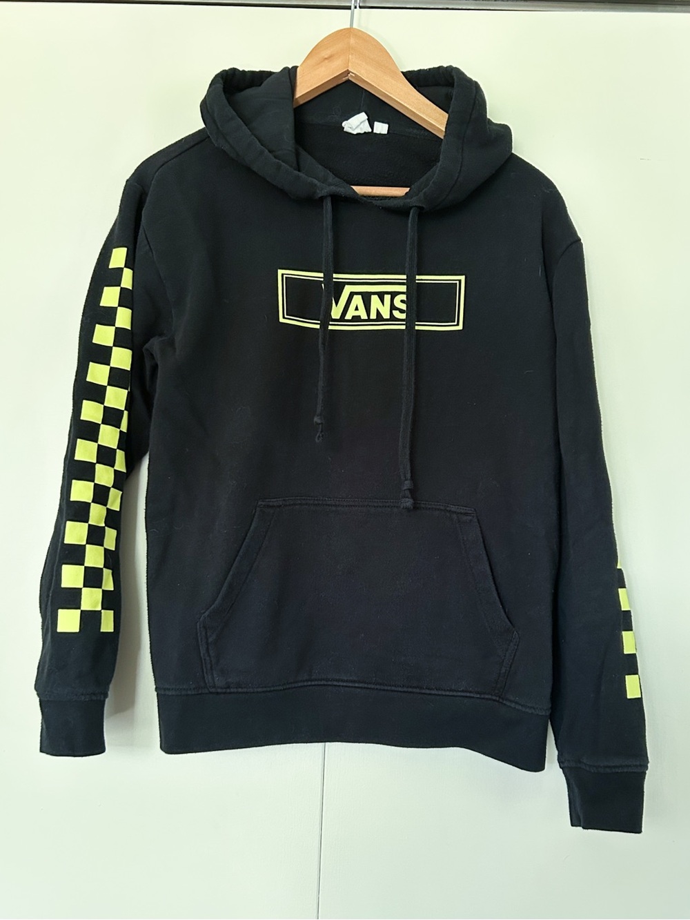 Small Vans Black Hoodie with Yellow logo and Checkered Sleeves